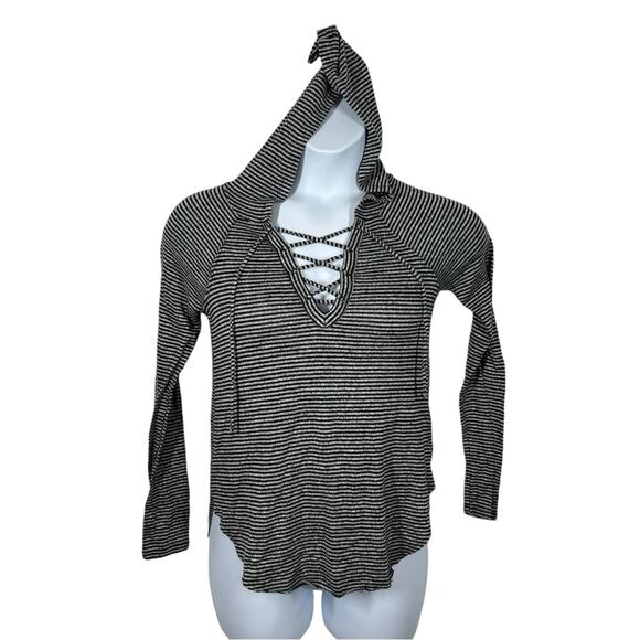 American Eagle Soft & Sexy Striped Lace-Up Lightweight Hoodie Tee Size Small - Picture 2 of 13